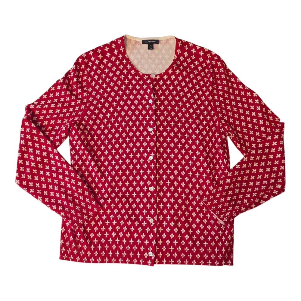 VTG Lands' End Red & White Fleur De Lis Button Up Cardigan Sweater Women's L